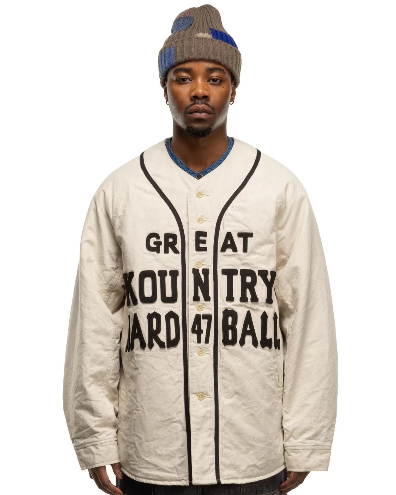 KAPITAL Cotton Linen Canvas X Lining Great Kountry Night Game Baseball Shirt Ecru Fashion