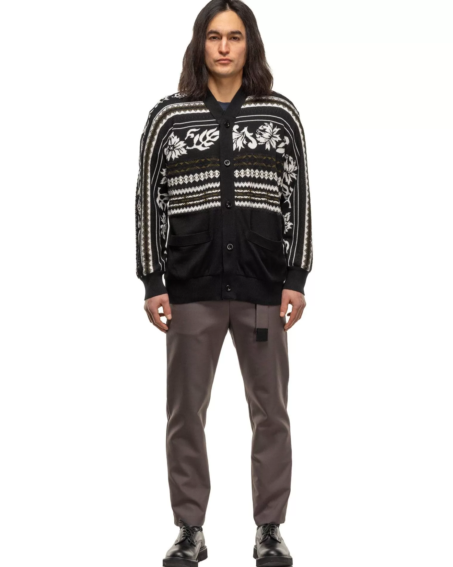 sacai Floral Jacquard Knit Cardigan Black X White Online