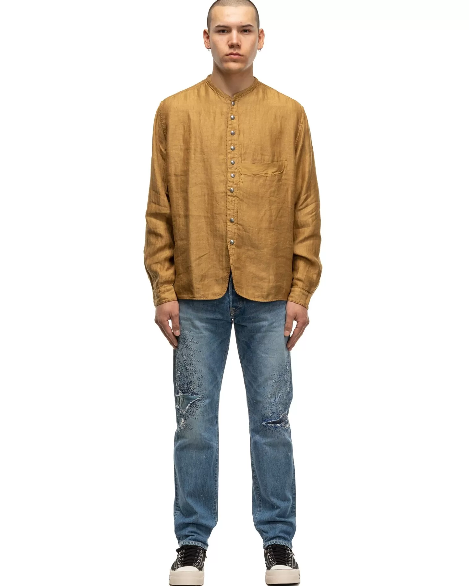 KAPITAL Gauze Linen Herringbone Stand Penny Shirt Gold New