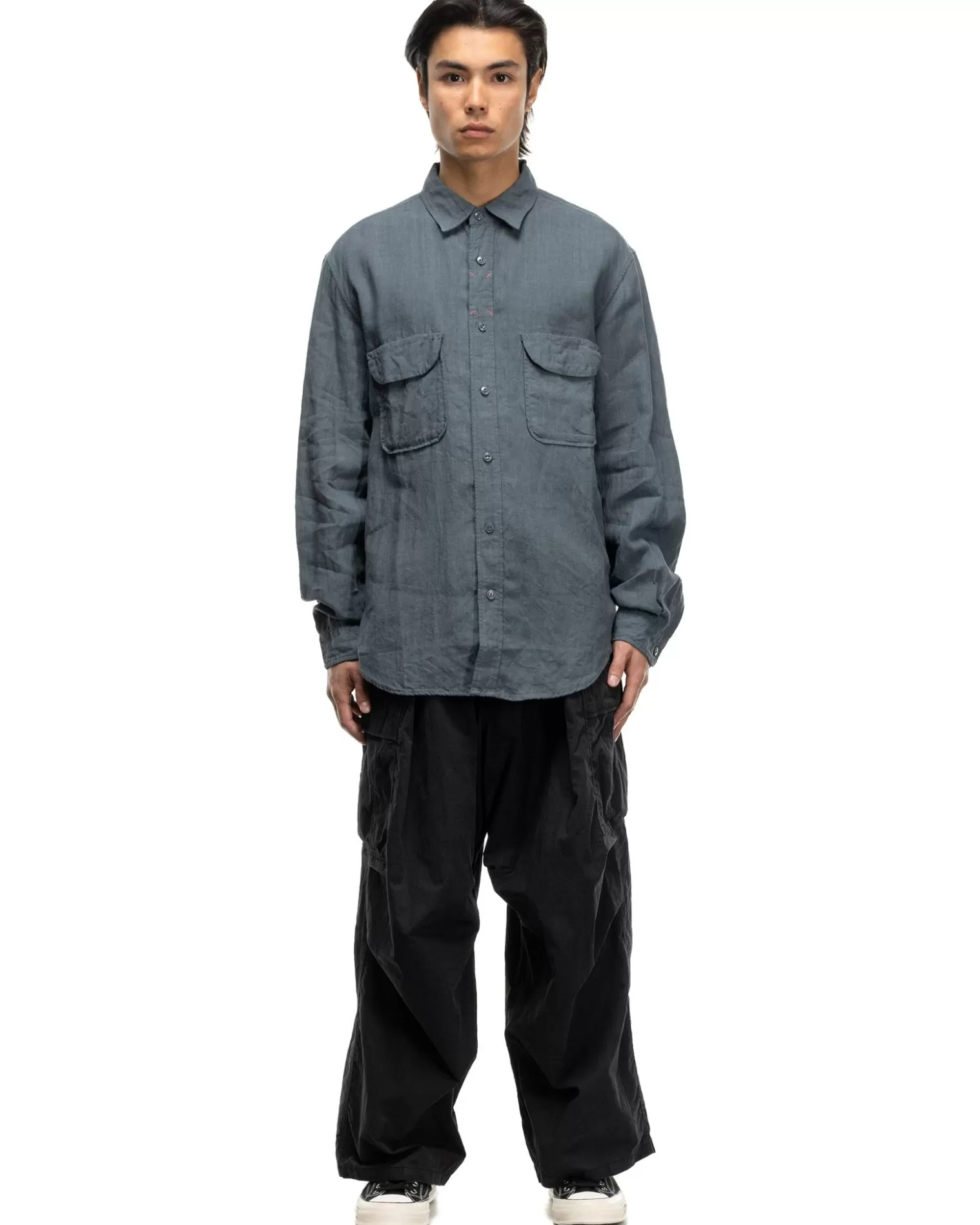 KAPITAL Linen Clip Shirt Blue Grey Best