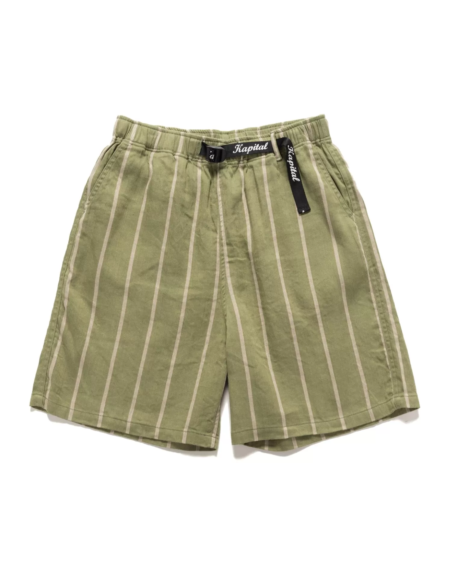 KAPITAL Linen Phillies Stripe Easy Shorts Khaki Clearance